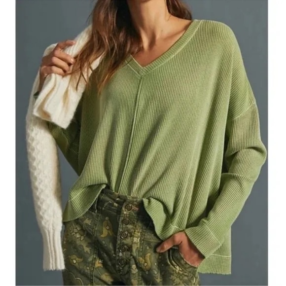 Pilcro Anthro Moira Waffle Knit Weave Cotton Thermal V Neck - Picture 1 of 10